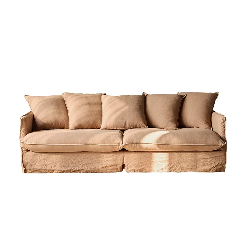 Wabi-sabi wind linen fabric sofa removable and washable three-person straight row designer small apartment down sofa living room