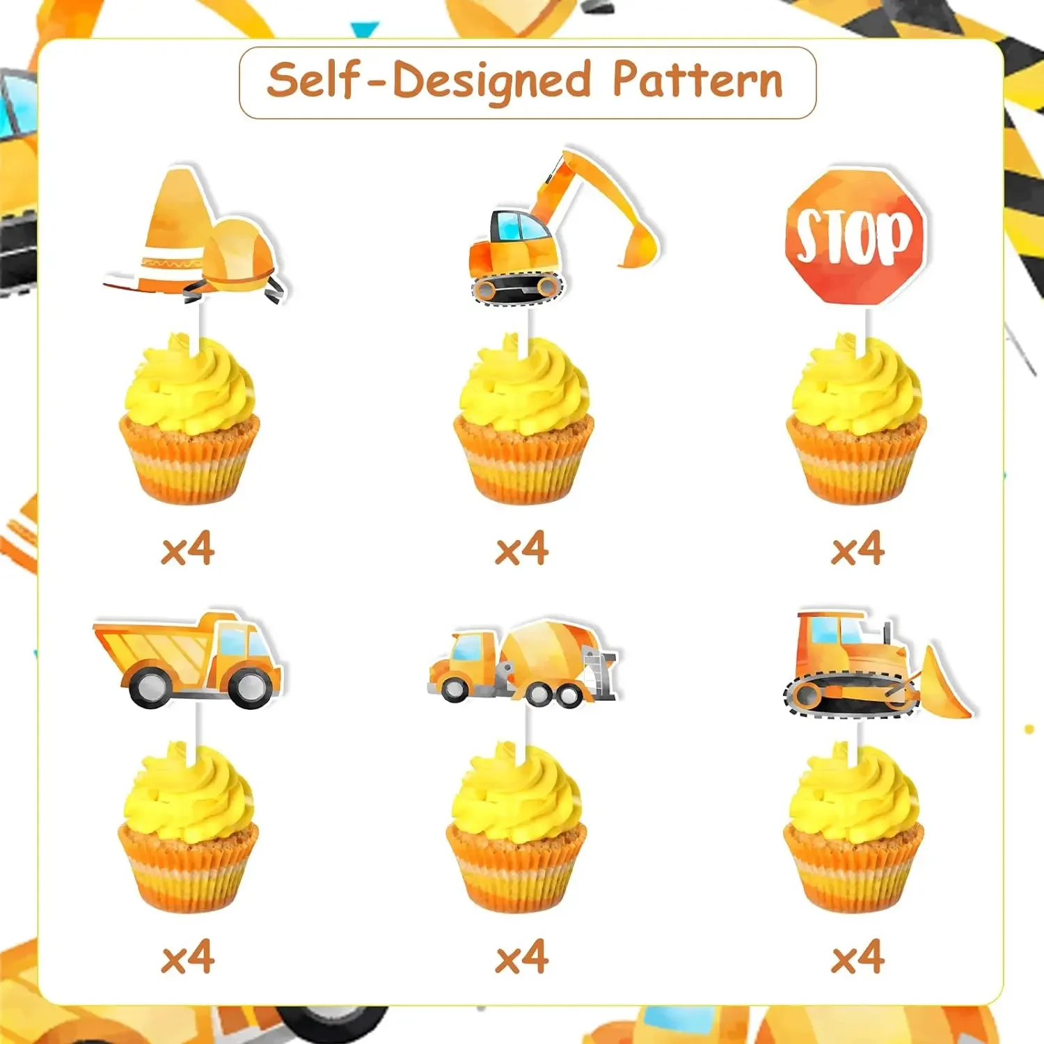 Cupcake Toppers, Stop Sign, Excavator Tractor, Under Construction Theme, Baby Shower, Birthday Party Decor, Dump Truck, 24 Pcs