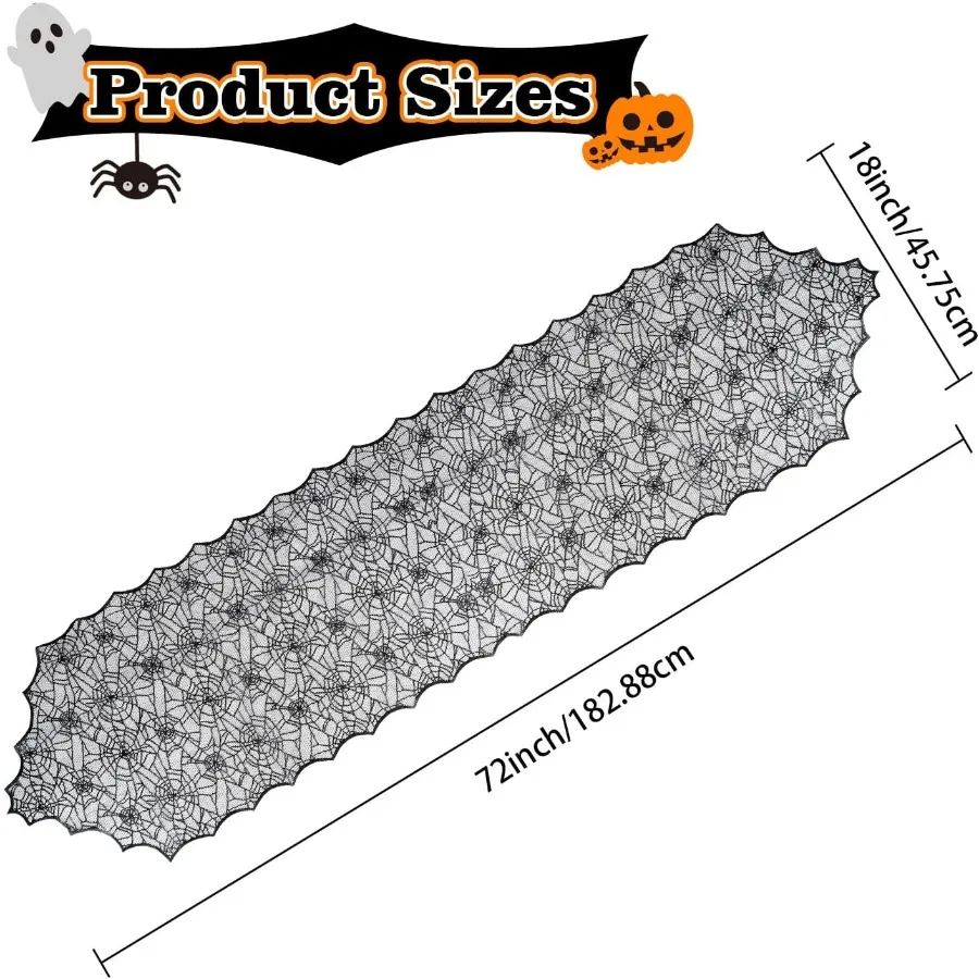 مفرش طاولة على شكل شبكات عنكبوت من الدانتيل الأسود مقاس 18 × 72 Ih غطاء مخيف لديكور الهالوين قطعة مركزية لطاولة العشاء