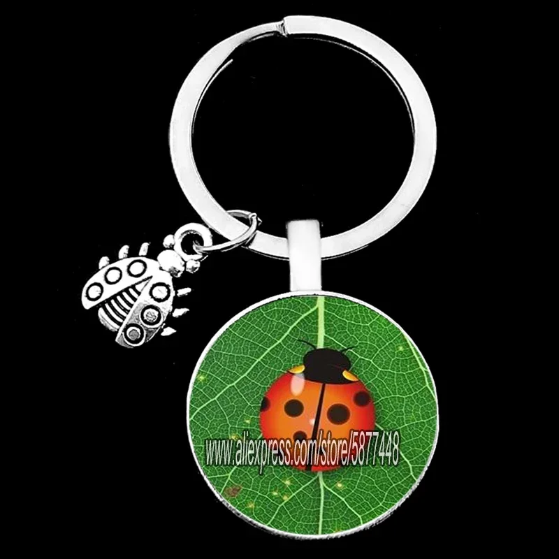 Cute Animal Ladybug Girl Glass Cabochon Keychain Lovely Insect on The Leaf Women Keychain Gift for Ladybug Lovers