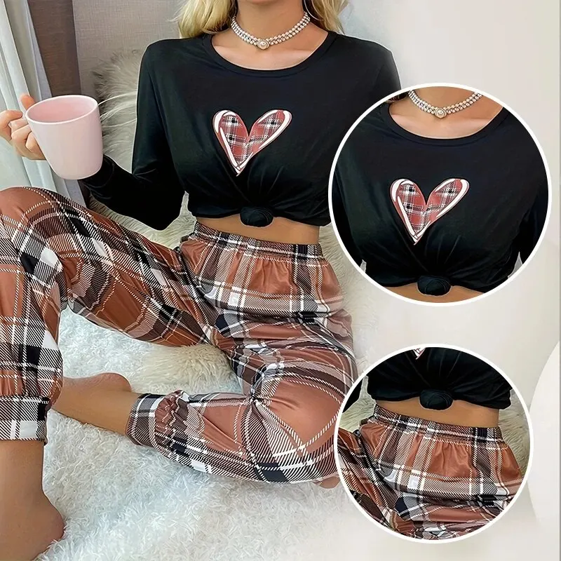 New Leisure Home Women\'s Printed Pajama Set Women\'s Long Round Neck Top and Printed Checkered Pants Home Pajama Set