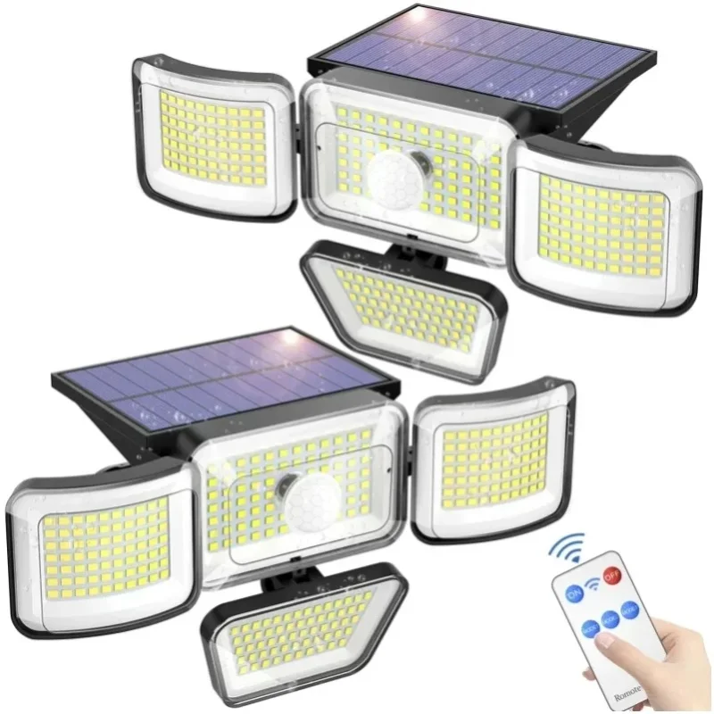 Zewnętrzne lampy solarne 278LED IP65 wodoodporne z czujnikiem ruchu, lampy bezpieczeństwa ze zdalnym sterowaniem, 4 regulowane głowice, 3000LM, szeroki kąt świecenia 270 stopni, lampa ścienna zasilana — 2