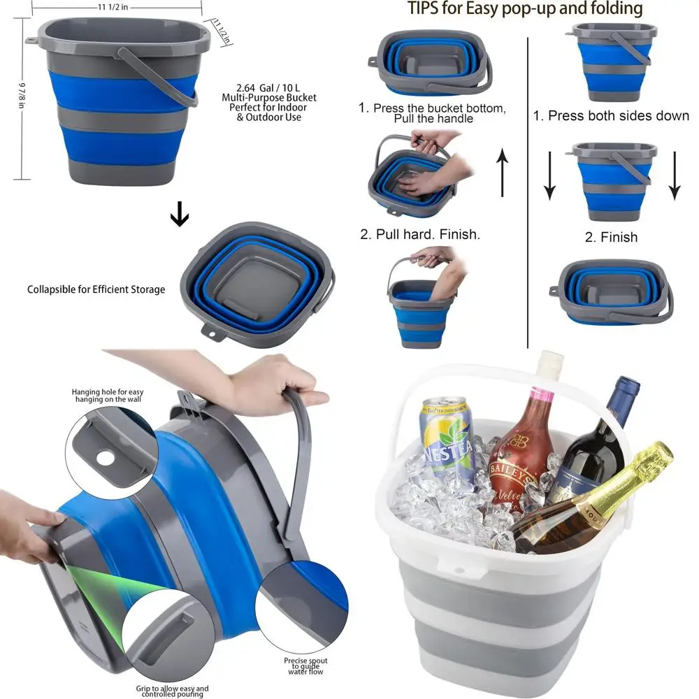 

Collapsible 3-Pack 10L Plastic Buckets for Cleaning, Mopping, Car, Garden, Camping, and Fishing