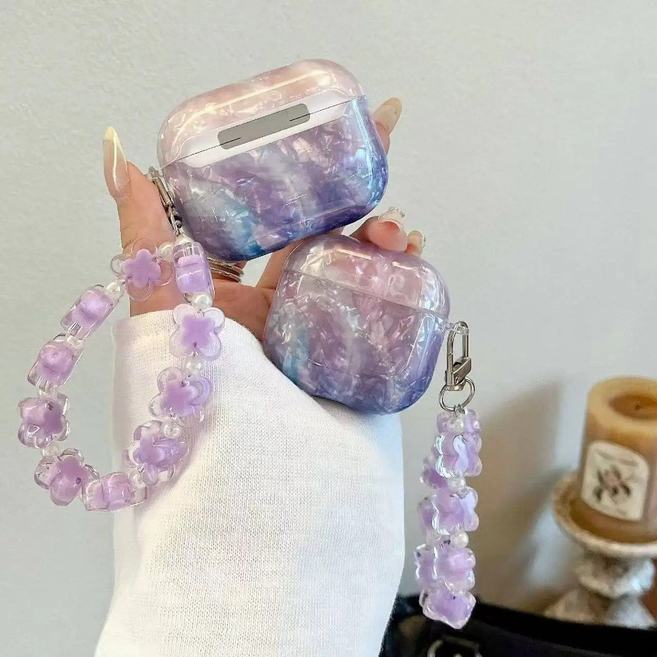 IMD Purple Gradient Shell Pattern Earphone Case For Airpods Pro 3 Pro2 4 2 1 Gen Wireless Headset Protective Cover With Bracelet - view 3