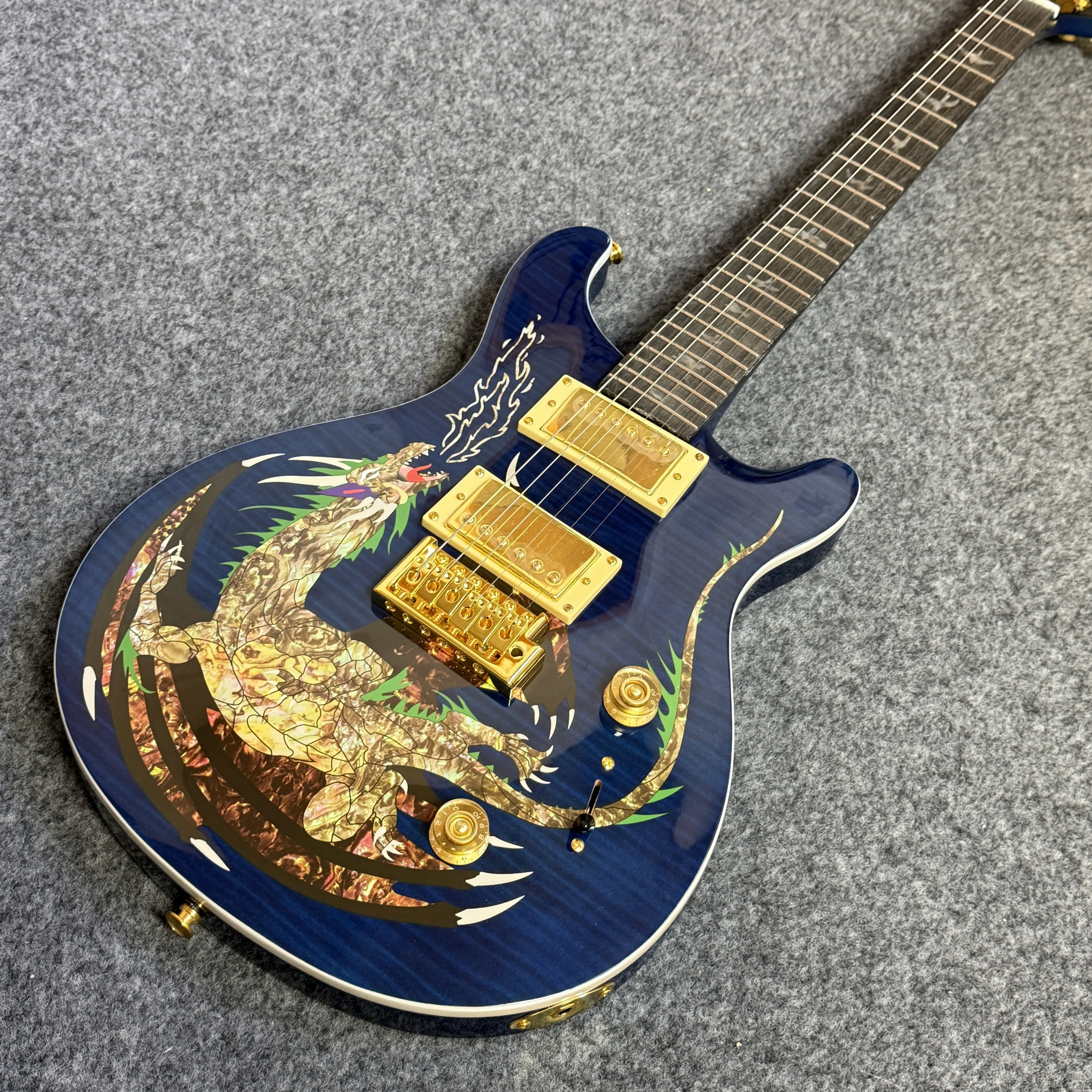 Navy Blue Glossy Finish Electric Guitar Iridescent Abalone Shell Inlay Tiger Flame Maple Veneer Solid Mahogany Body 6 String 22 Frets Position Wall Art Guitar