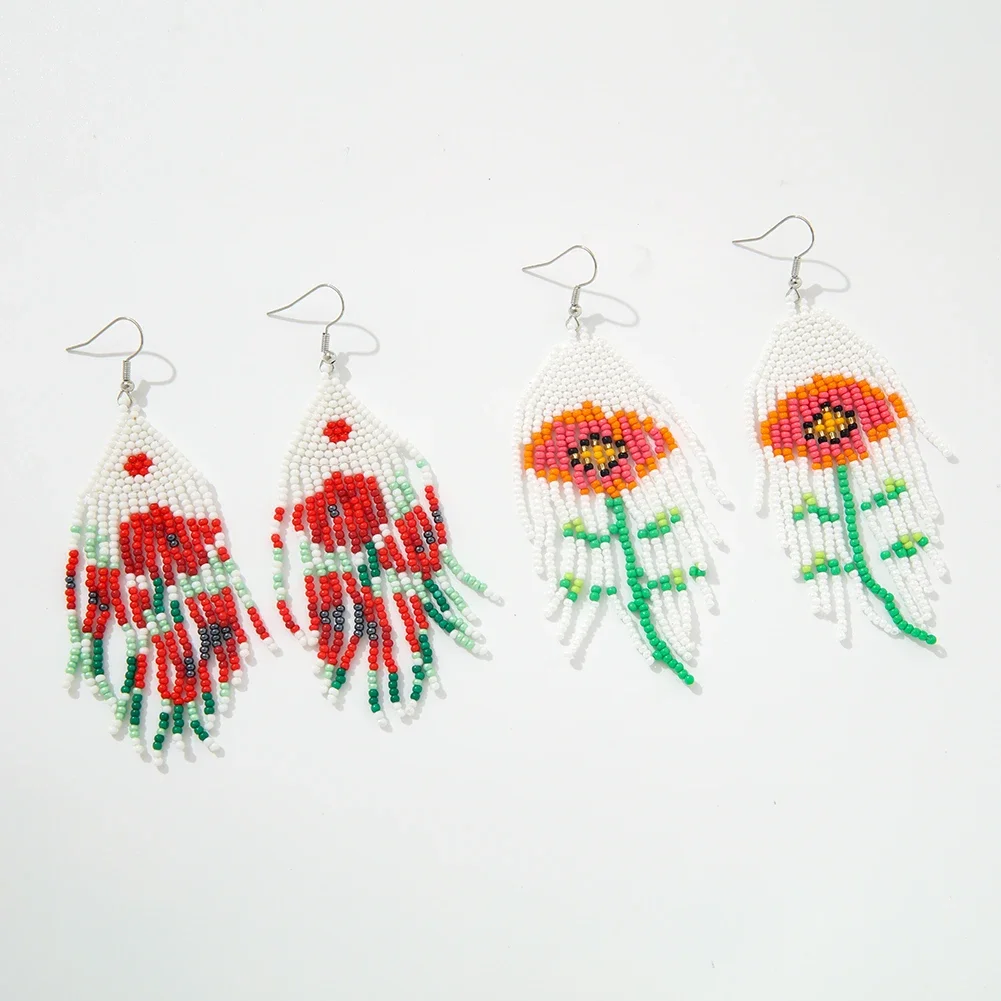 Rice bead earrings  Hand woven  fashion  flower  personality  Beading  Bohemia  alloy  ma'am  Fringed earrings