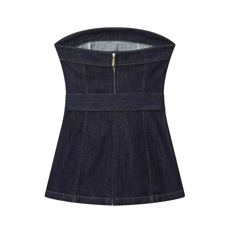 Denim Vrouwen Mouwloos Strapeless Vest Lange Broek Set Verpakt Tube Top Met Riem Corset Off Schouder Sexy Vest Dame Jarretel