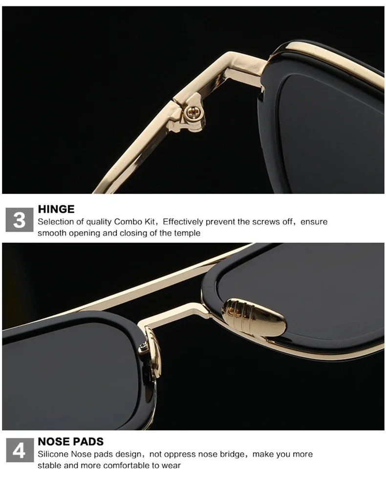 Modische Avengers Tony Stark Flugstil-Sonnenbrille Eckige Edith-Sonnenbrille – Detail 15