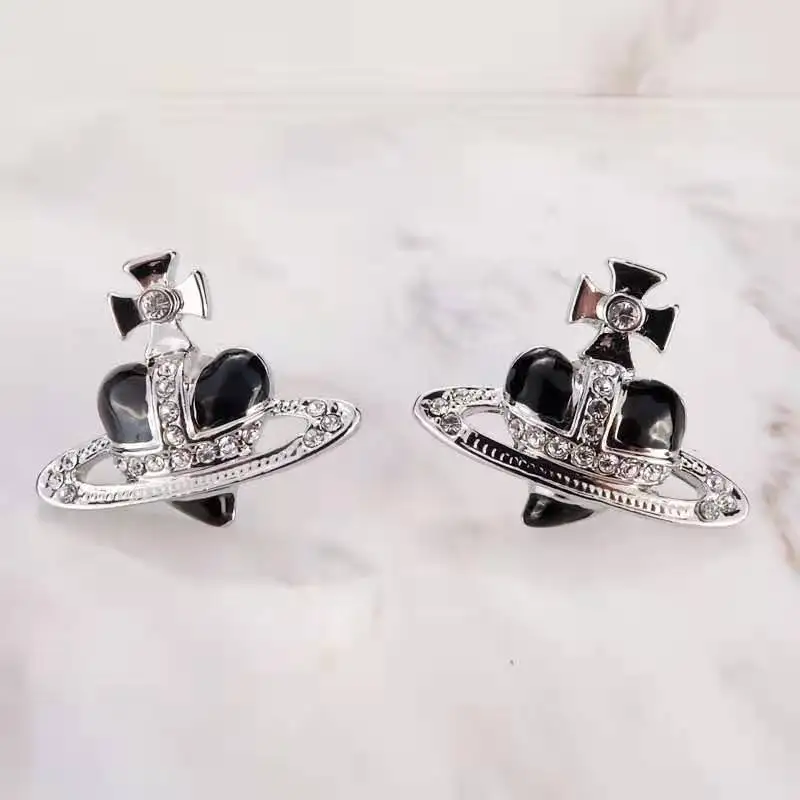 New Trend egirl Rhinestone Heart Saturn Earrings Temperament Black Red White Planet Saturn Earrings grunge y2k jewelry For Women