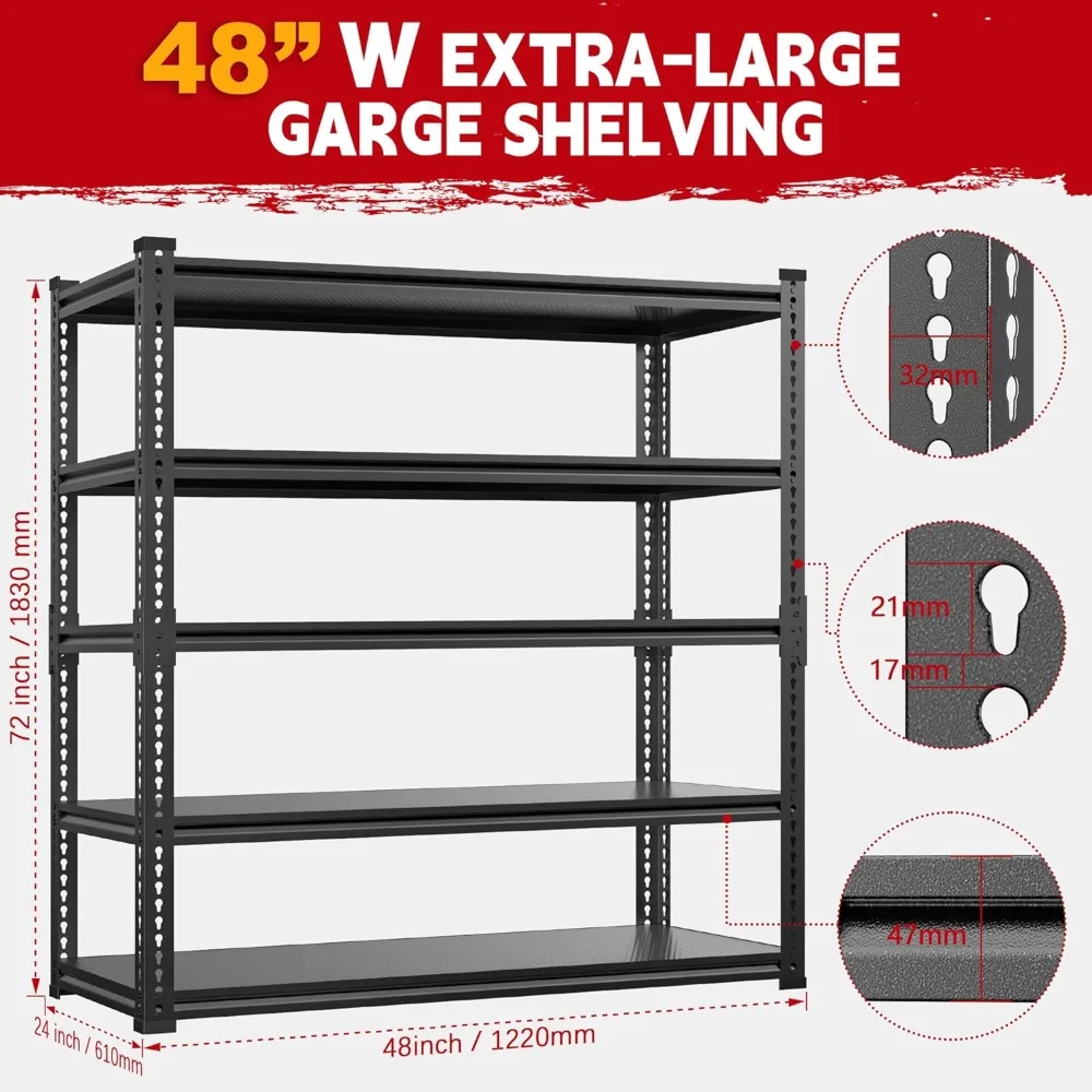 Heavy-Duty 5-Tier Adjustable Garage Shelving Unit - 3000 lbs Capacity, 72 Height x 48 Width x 24 Depth Storage Rack