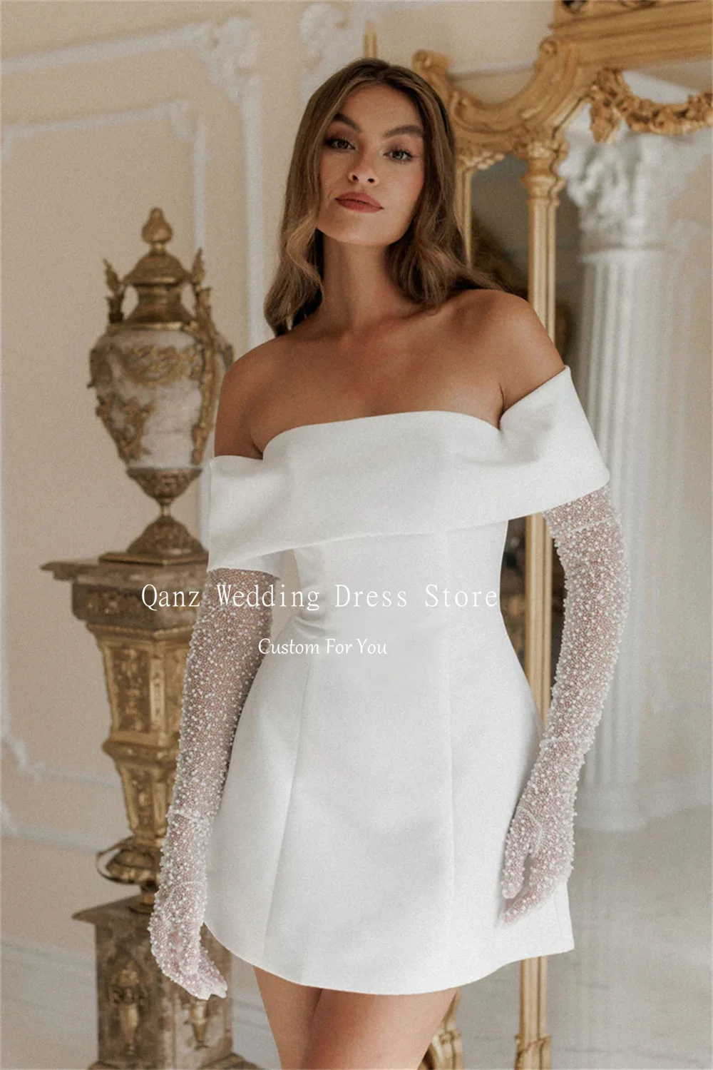 Qanz Simple Off The Shoulder Wedding Dress Women Short Satin Above Knee Vestidos De Novia Vestidos De Novia Boda Customized image 6