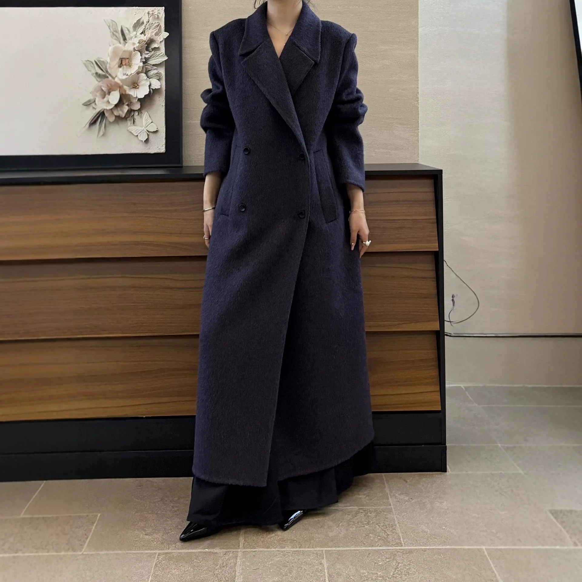 Luxury Long Double-Faced Wool Coat for Women, Notched Lapel, 2026 Fall Winter Wool Jacket