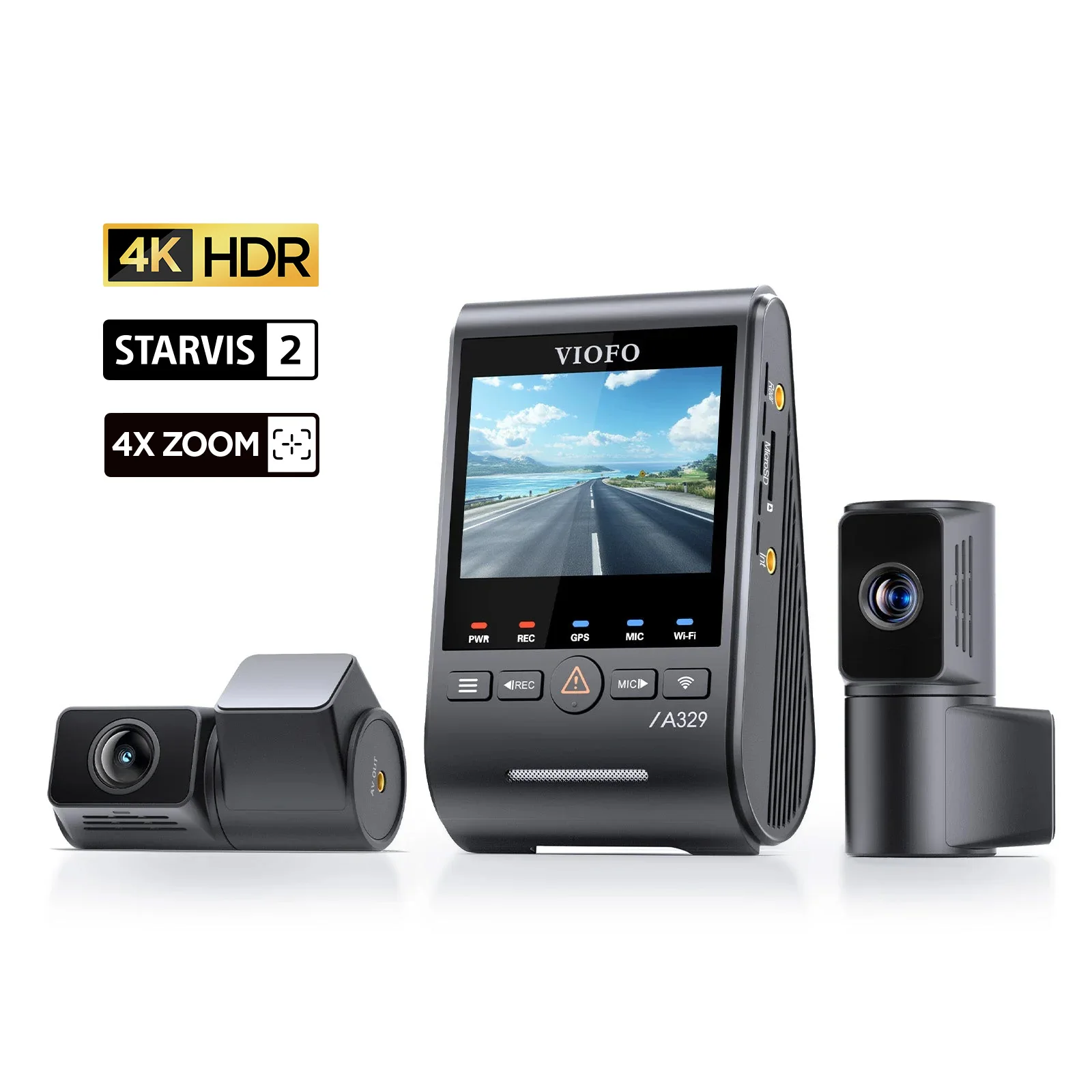 VIOFO A329T DVR Automotivo 3 Canais 4K 30FPS Câmera Frontal + Telefoto 2K + Câmera Traseira 2K, Modo de Estacionamento com Economia de Energia, Controle por Aplicativo Wi-Fi 6