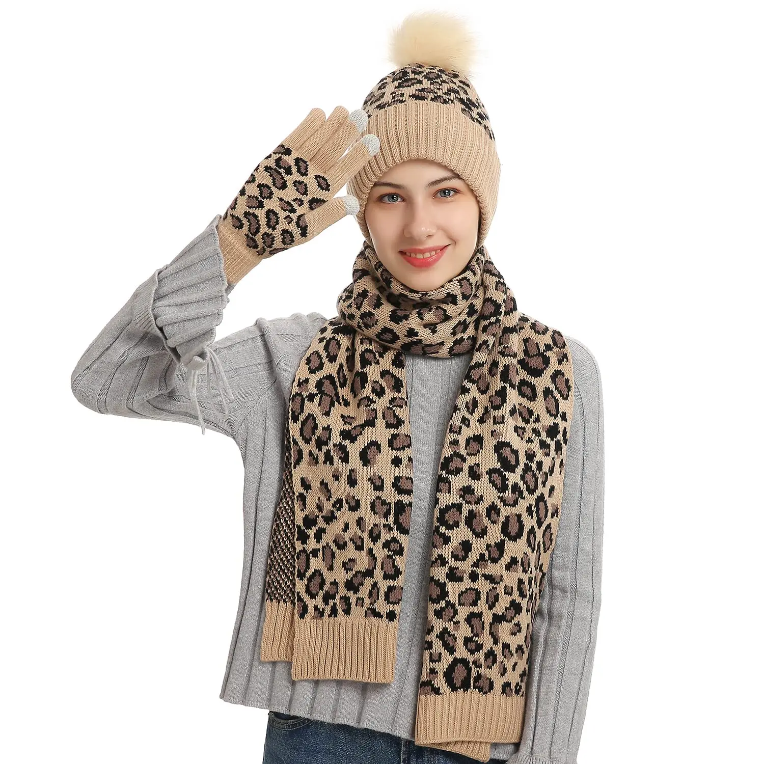 Conjunto de forro polar para mulheres, forro polar, gorro, luvas telefingers, lenço grosso, chapéu silencioso de malha, lenço leopardo, inverno