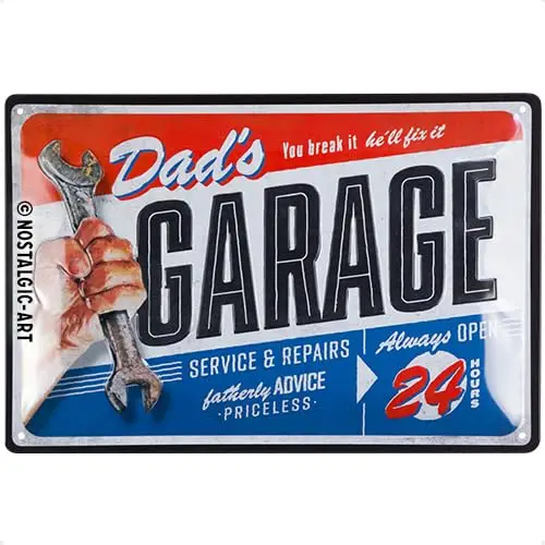 Nostalgic-Art Retro Tin Sign, 7.9; x 11.8;, Dad’s Garage – Gift idea for dad, made of metal, Vintage design for wall decoration