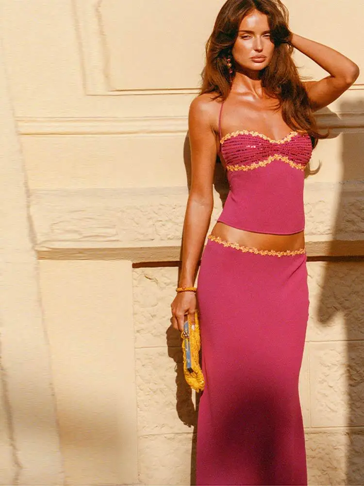 Vacation Spicy Girl Skirt Suits，Chiffon Bead Sequin Suspender, Waist Exposed Crop Top Bodycon Maxi Skirt