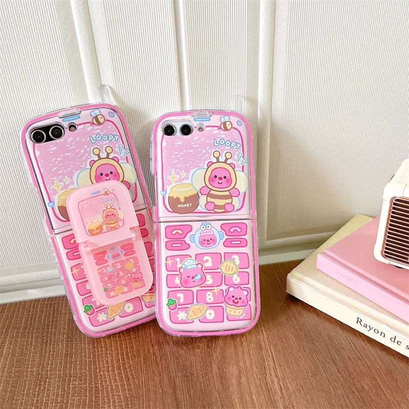 Korean 3D Cute Cartoon Sanrio beaver Loopy Phone Case For Samsung Galaxy Z Flip 6 5 Soft TPU Cover For Z Flip 3 4 With Lanyard