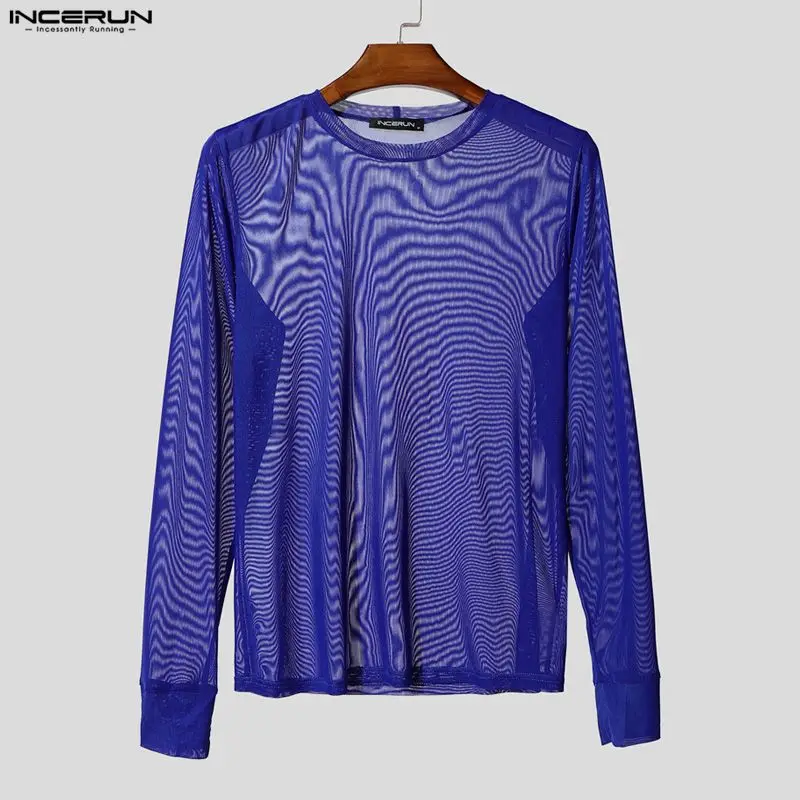 

INCERUN Мужская футболка Сетчатая прозрачная футболка с круглым вырезом и длинным рукавом Сексуальные мужские футболки Уличная одежда Однотонная модная мужская одежда для вечеринок S-3XL