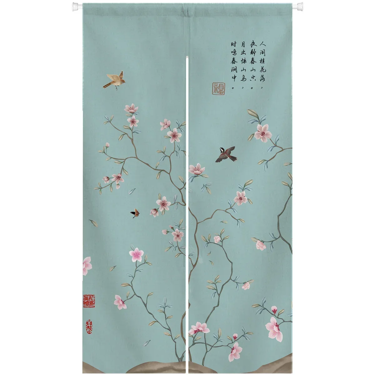 Chinese Green Flowers and Birds Door Curtain Japanese Noren Room Partition Kitchen Decoration Hanging Door Curtains