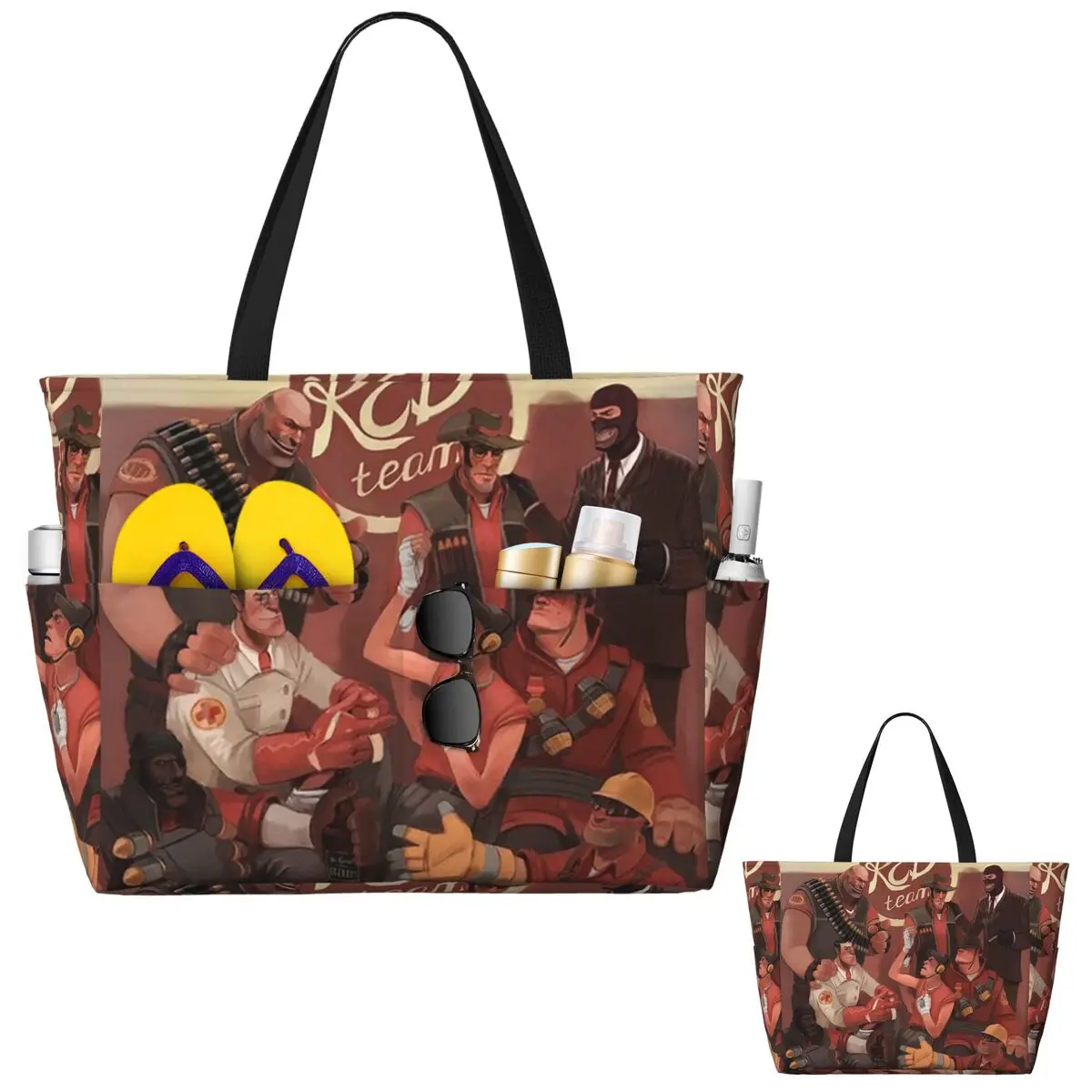 

Team Fortress 2 Red Team Artwork Пляжная сумка-тоут Спортивная сумка для занятий йогой в тренажерном зале Большая сумка-тоут Женская дорожная сумка Сумка для фитнеса