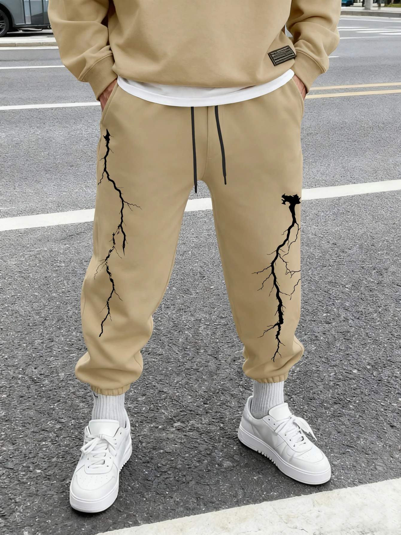 Men Jogger Pants Black Lightning Crack Print Drawstring Elastic Cuff Tapered Gothic Street Daily Casual Sweatpants