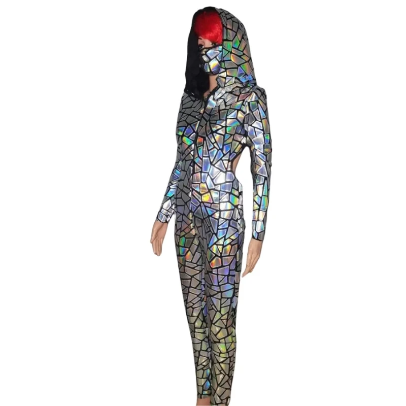 Female Sexy Backless Silver Laser Mirrors Hooded Jumpsuit Hip Hop Dance Overall Performance Costume Bar Stage Singer Rave Outfit