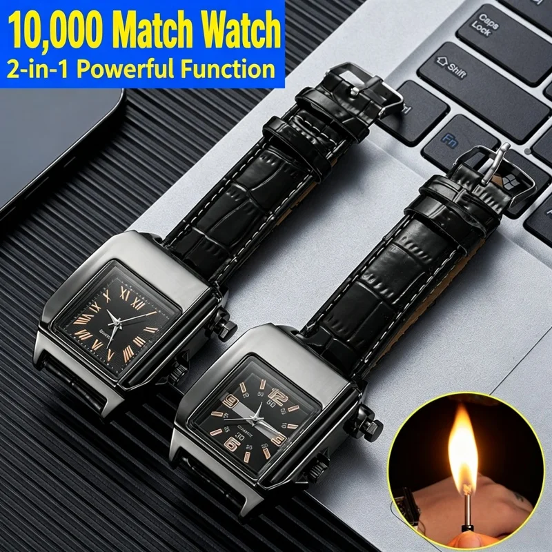 Creative Reusable Match Watch Lighter Unique 2 in 1 Quartz Wrist Watch & Metal Permanent Match Igniter Vintage Men Fashion Gift