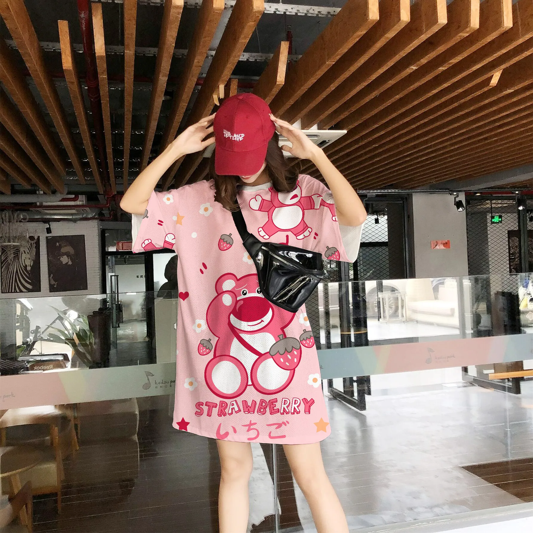 

Summer Nightdress Tide Plus Size Women's Short-sleeved Strawberry Bear Cartoon Printing Ice Silk mesh Quick-drying Home Clothes