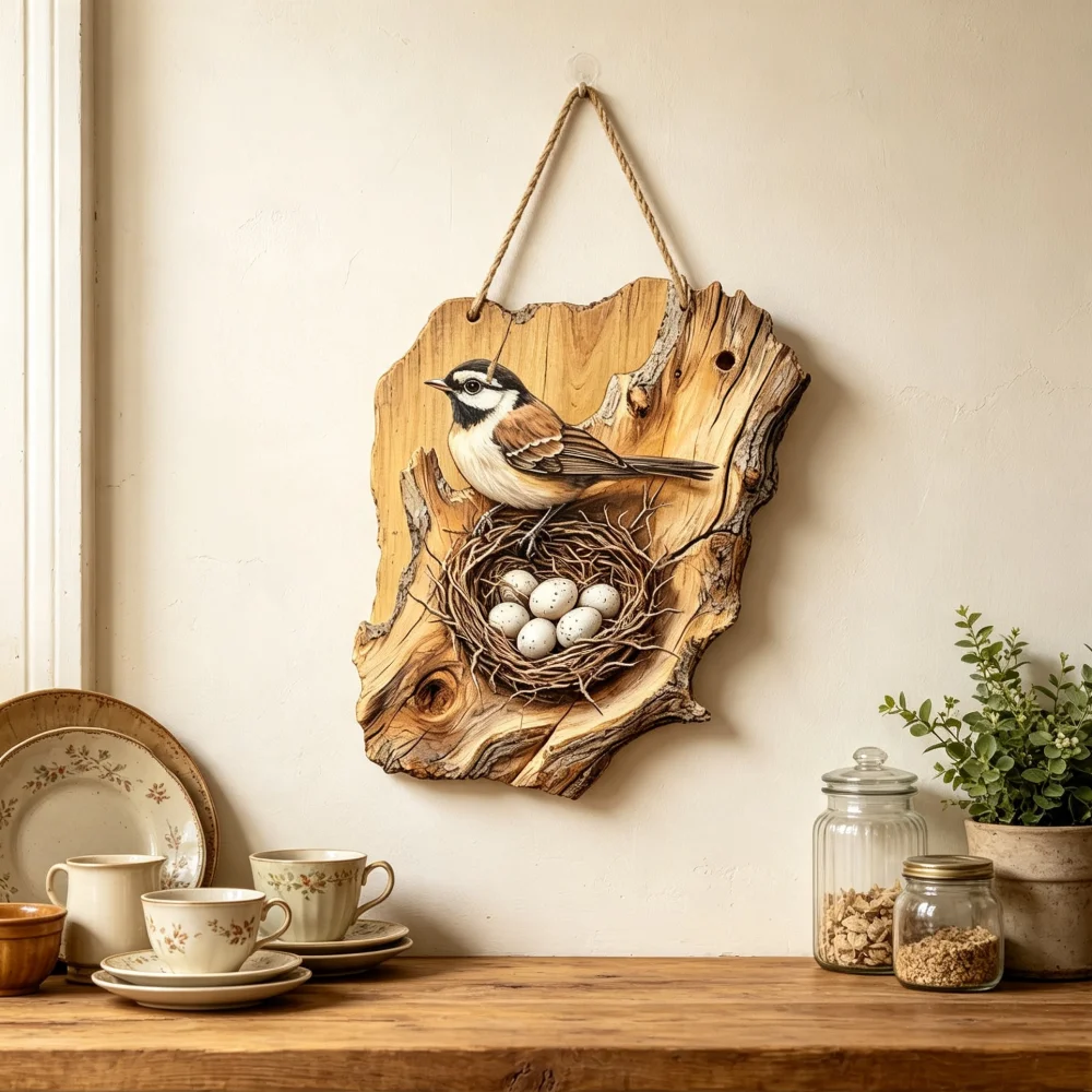 American Rural Style Bird Nest Wooden Hanging Plaque, 2D Printed Boxwood Wall Hanging Decor, Bird‑Lover Home Gift, 6.7in Length × 8in Height, 5mm Thickness