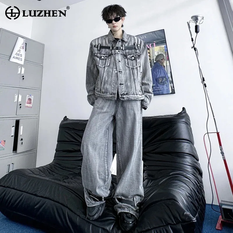 

LUZHEN Autumn Belt Patchwork Design Trendy Washed Denim Jacket Two Piece Sets Stylish Streetwear High Quality Men's Jeans LZ4719