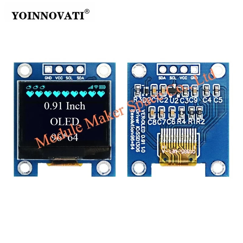 0.91-inch OLED Display Module SSD1306, 96x64 Small Screen, Dual-Color Blue/White, I2C Interface 4-Pin LCD Module for Arduino