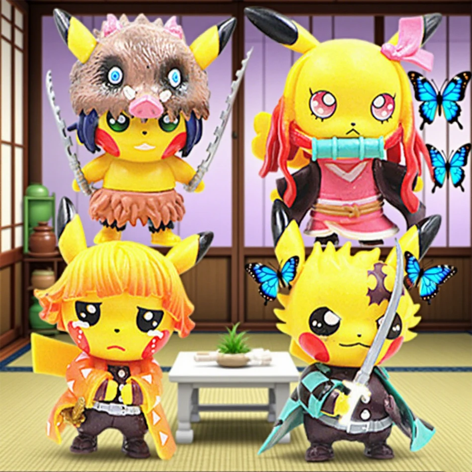 4pcs Anime Figure Set: Pikachu Cosplay Demon Slayer Characters PVC Collection Toys Kids Birthday Gift