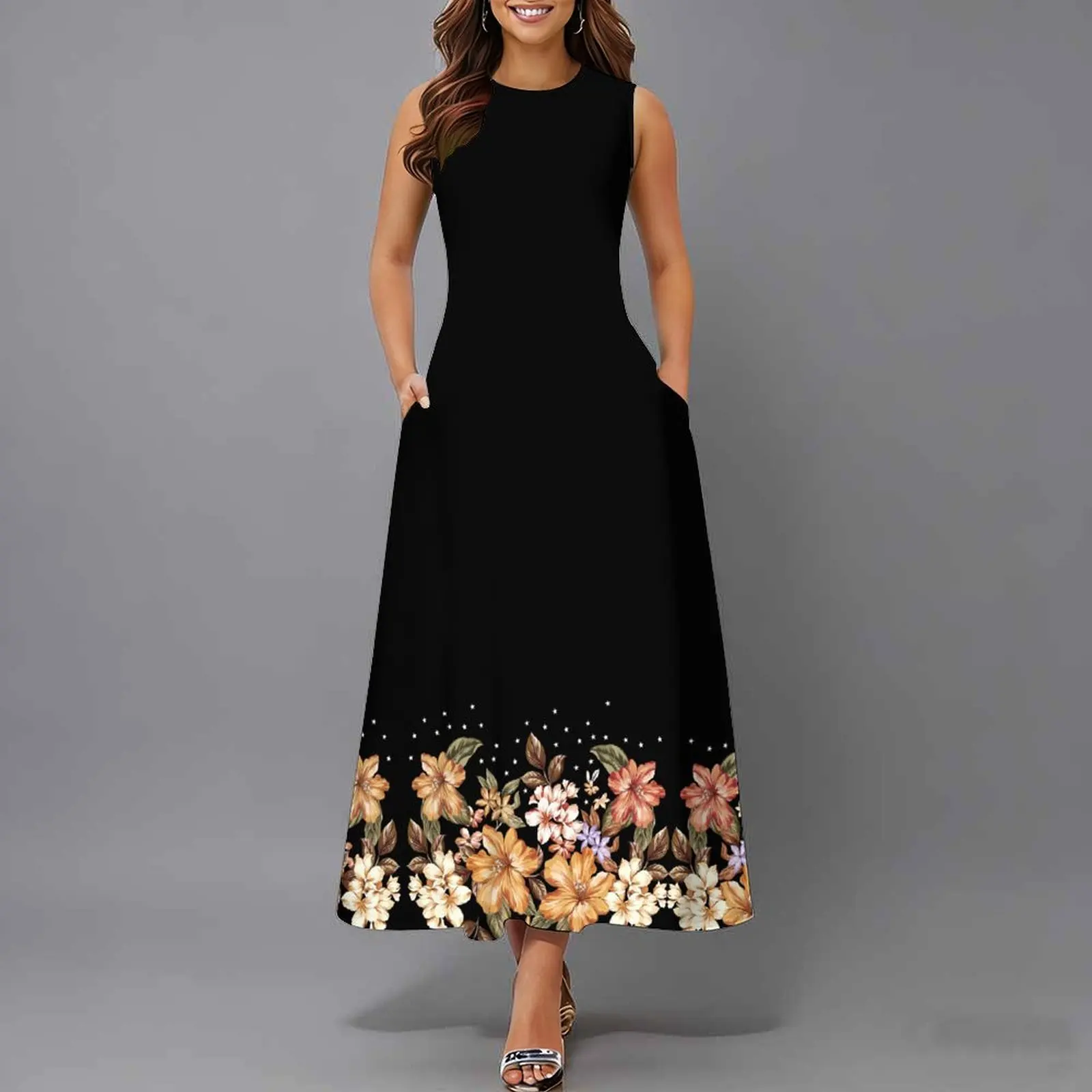 Women Sleeveless Long Maxi Dress With Pockets 3D Oil Painting Print Casual Loose Summer Vacation Party Sundress