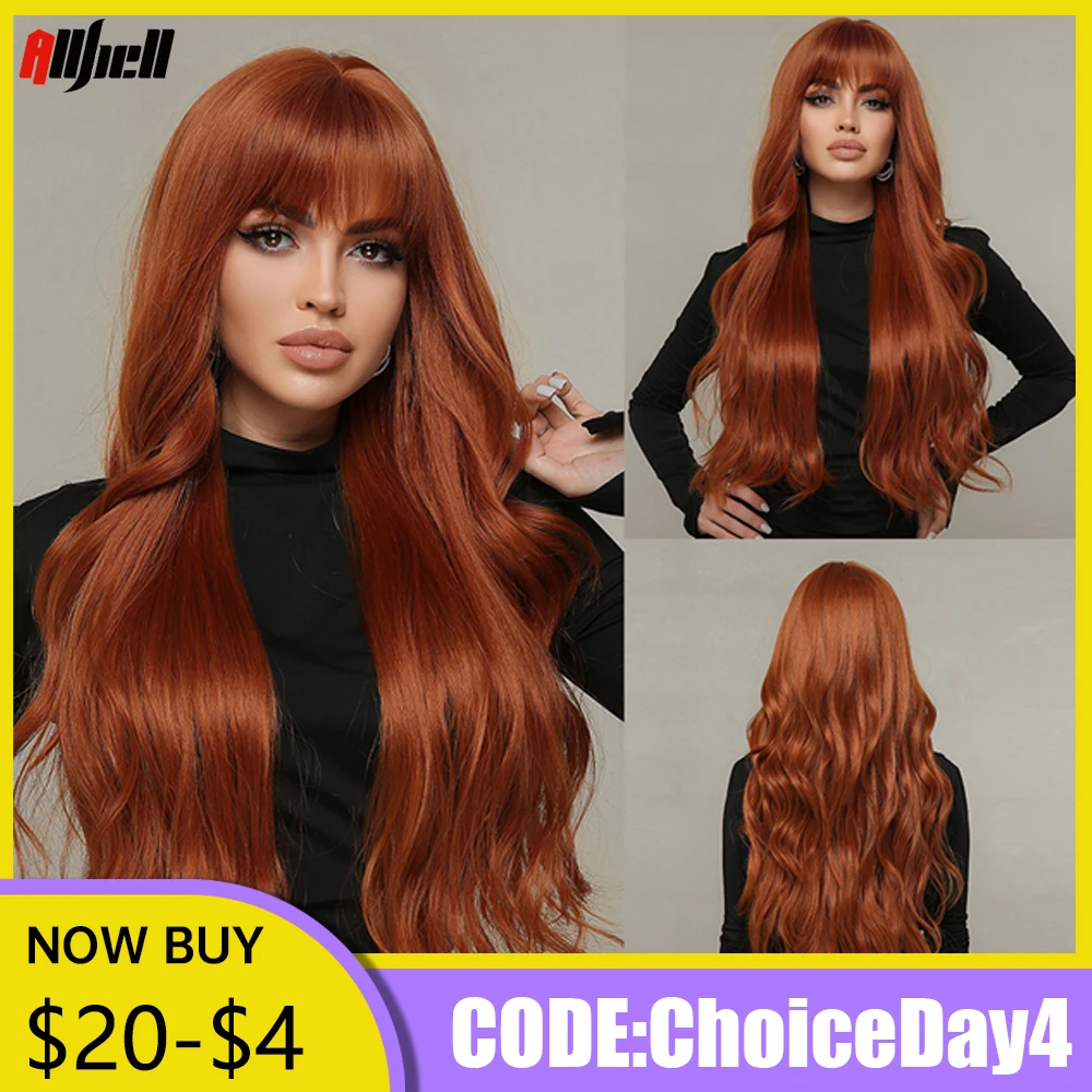 Long Natural Wave Orange Synthetic Wigs With Full Bangs for Black Women Daily Halloween Cosplay Wigs Hair Heat Resistant Fiber