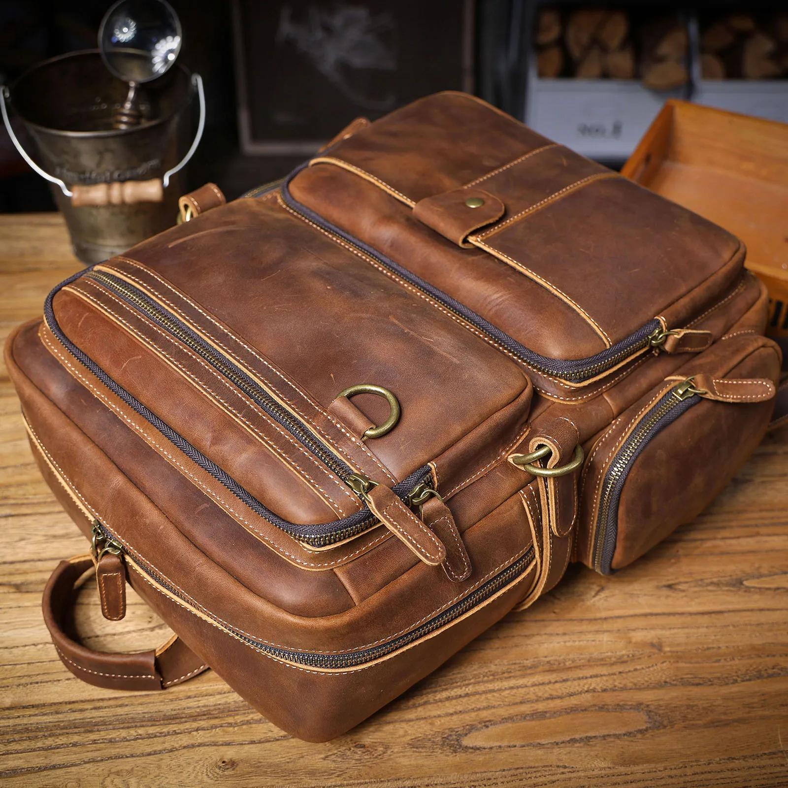S.WORKER Vintage Echtleder-Rucksack Laptop-Tasche Casual Crazy-Horse-Leder Schultasche Outdoor-Reise-Weekender-Tasche – Detail 20