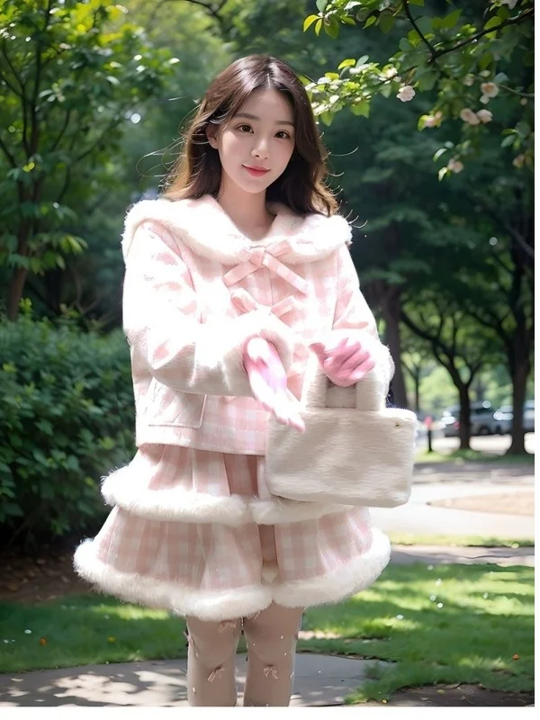 

Pink Woolen Coat And Skirt Set Rich Girl Autumn Winter Fashion Two-Piece Suit Sweet Style Short Length Open Cardigan Warmth