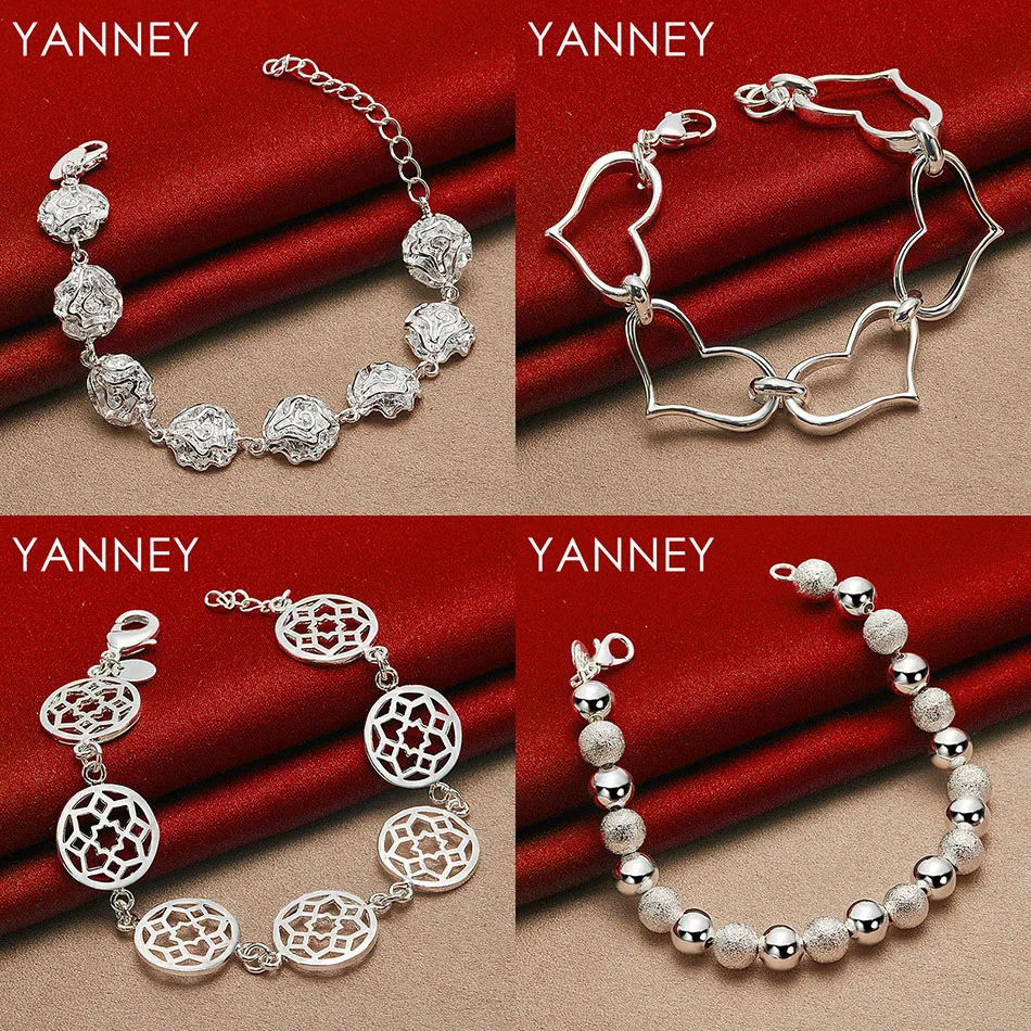

925 Sterling Silver 8 Inch Delicate Rose Flower Heart Bracelet Women Charm Jewelry Wedding Fashion Party