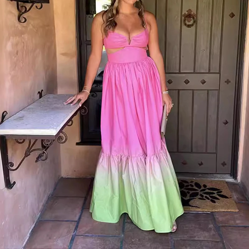 OMSJ Gradient Color Hollowed Out Pleated Long Big Swing Dress Summer Elegant Camisoles Open Back Sleeveless Robe Chic Party Wear