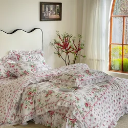 100%Cotton Ruffle Duvet/Quilt Cover Set Elegant and Vintage Pink Rose Floral Lovely Chic 4Pcs Bedding set Bed Sheet Pillowcases