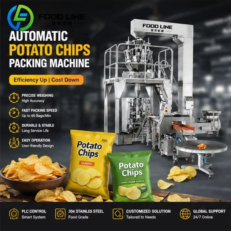 Multihead Weigher VFFS Potato Chips Packing System Modular Robotic Boxing Integrated Potato Chips Packaging Line customize