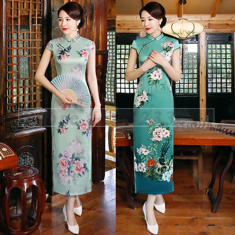 Large Size Chinese Traditional Qipaos Dress Female Sexy Slim Fit Slit Cheongsam Vintage Printed Flower Vestidos De Festa 5XL