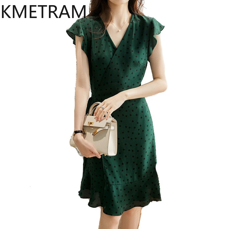 

KMETRAM Luxury Dress Women 2024 High Quality Summer Mid-long Mulberry Silk Dresses Green Polka Dots Women's Clothing Leeveless