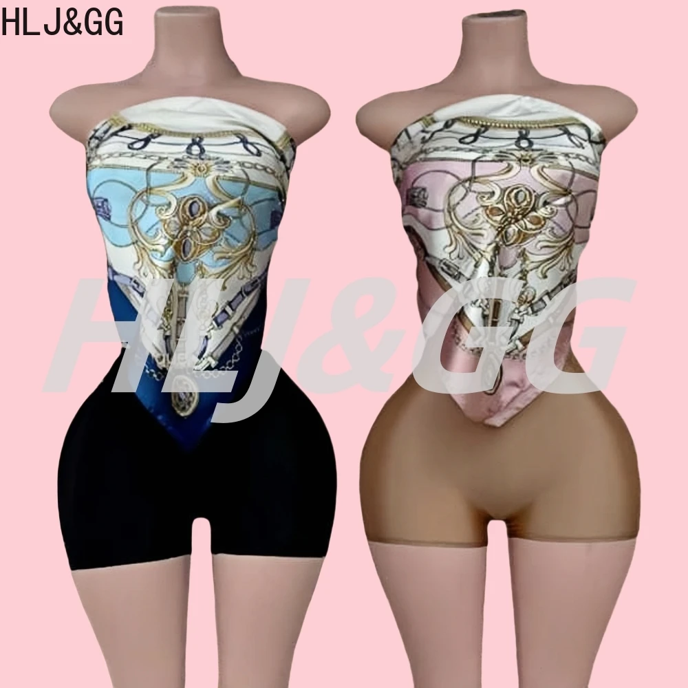 HLJ&GG Retro Pattern Printing Fashion Y2K Streetwear Women Sleeveless Slim Crop Top And Shorts Two Piece Sets Streetwear Scarf