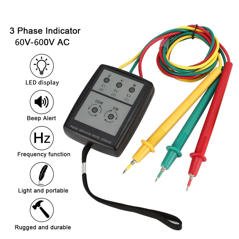 60-600V AC Smart Digital LED Three 3 Phase Rotation With LED Indicator Tester Detector Meter SP8030/SM852B With Portable Pouch