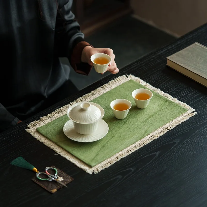 Chinese Embroidered Tassel Tea Table Runner Vintage Zen Dry Brew Tea Mat Cloth Pad Tea Ceremony Table Decor Accessory