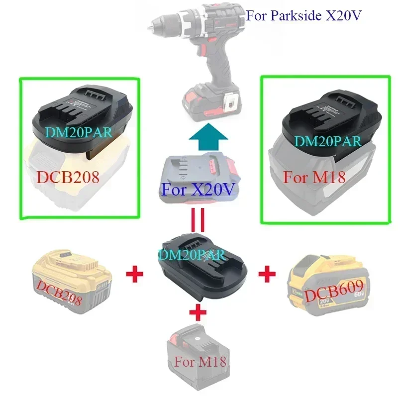 Adaptador de bateria Li-ion para Parkside, DeWalt, Milwaukee, Makita, Bosch, MT20PRO, DM20PAR, BOS20PAR, X20V Tools