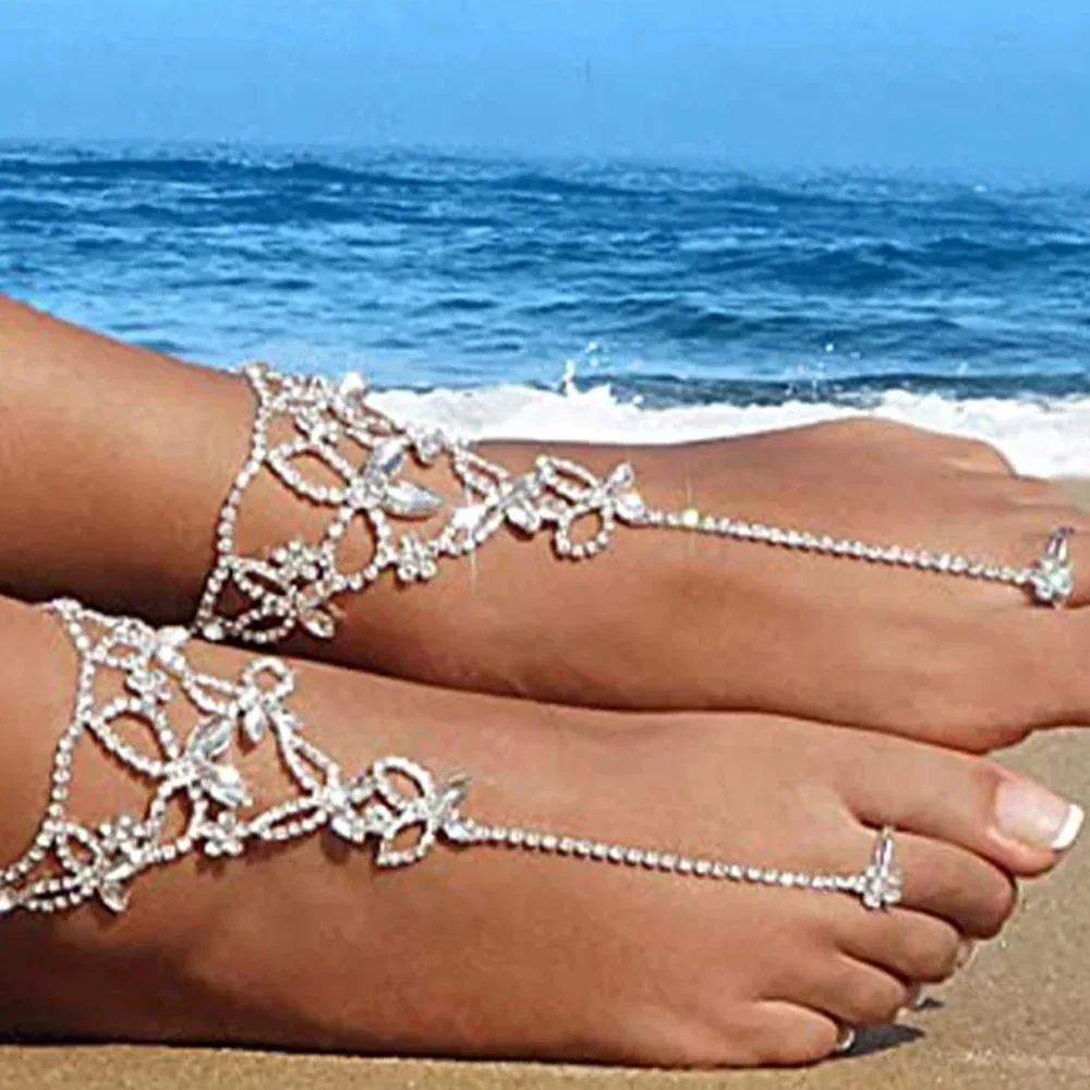 Stonefans 1 قطعة البوهيمي فراشة حجر الراين خلخال تو مجوهرات الشاطئ القدم سلسلة الكاحل سوار على الساق تو سلسلة للنساء