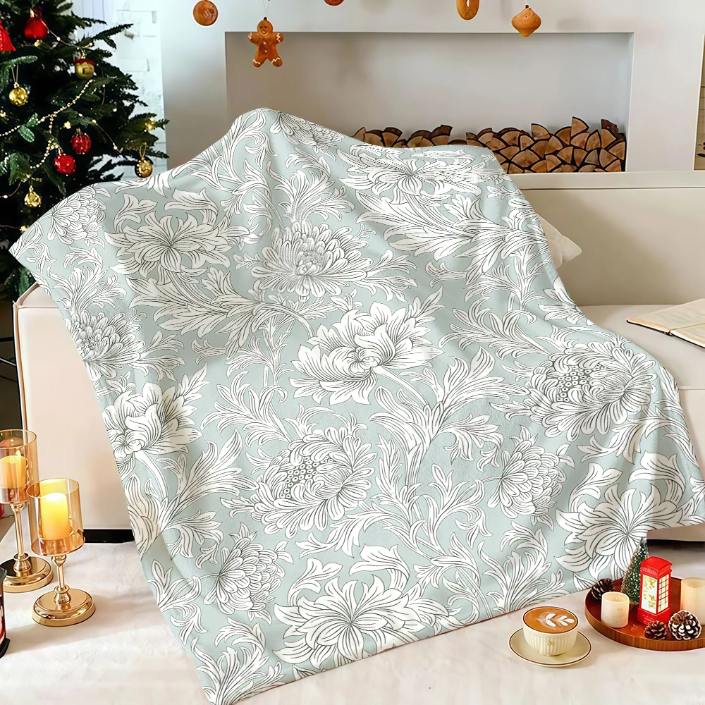 Dusty Blue Wildflower Flannel Blanket Soft Fuzzy Plush Cozy Warm Throw for Sofa Bed Couch Home Decor Gifts
