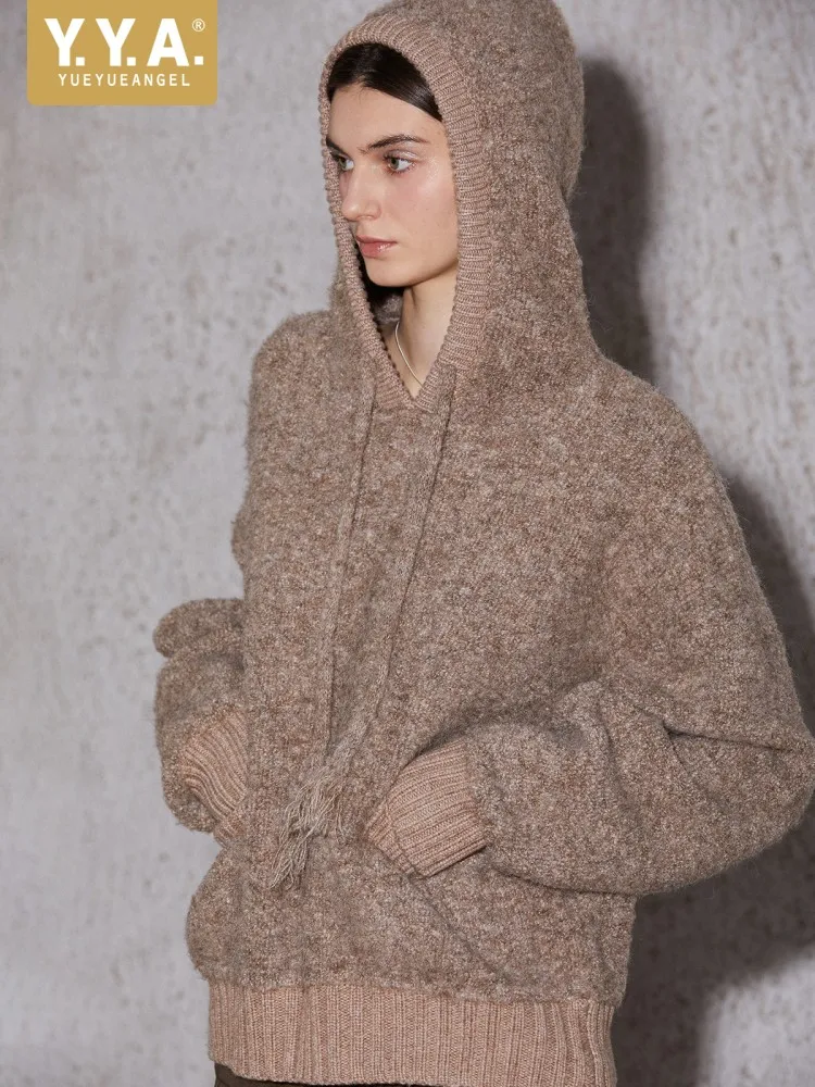 

Women Autumn Pullover Sweater Pocket Loose Fit Warm Hooded Jacket Casual Thick Knitwear Coat Top Knitted Outerwear Hot Sale