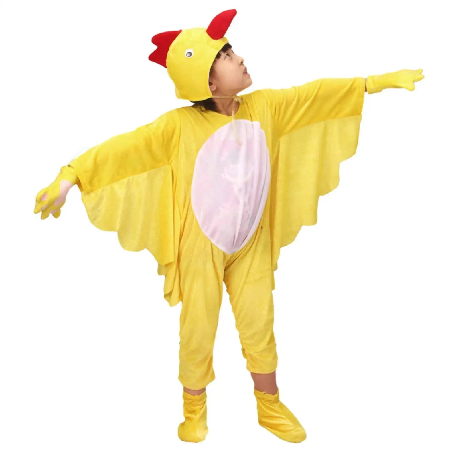 Kids Yellow Bird Performance Suit Corduroy Concealed Zipper Jumpsuit for School Program Imaginative Play